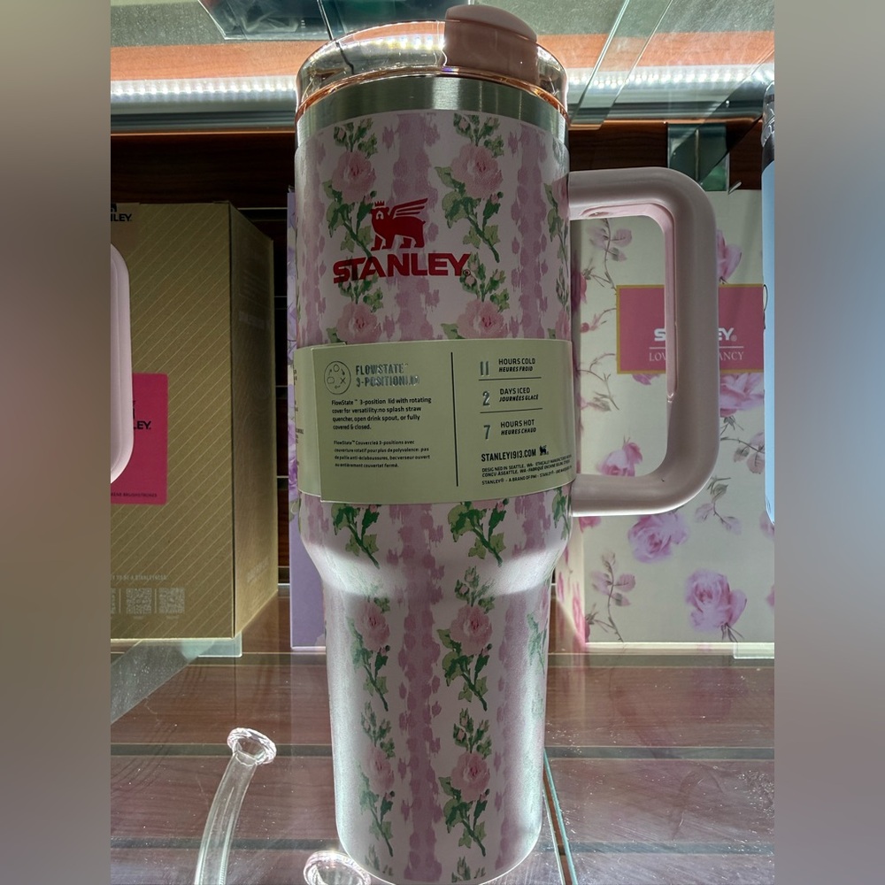 Stanley Pink Floral Travel Tumbler with Handle